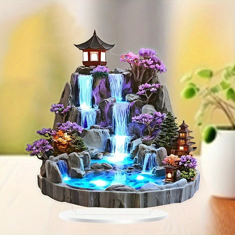 Rockery Water Fountain Ornaments 2D Flat Acrylic Ornament, Mountain Waterfall Desktop Decoration for Home Office Present