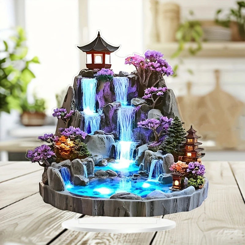 Rockery Water Fountain Ornaments 2D Flat Acrylic Ornament, Mountain Waterfall Desktop Decoration for Home Office Present