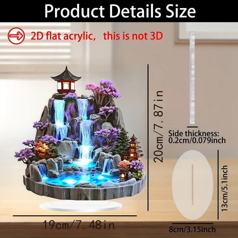Rockery Water Fountain Ornaments 2D Flat Acrylic Ornament, Mountain Waterfall Desktop Decoration for Home Office Present