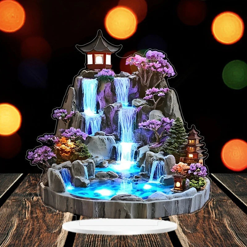 Rockery Water Fountain Ornaments 2D Flat Acrylic Ornament, Mountain Waterfall Desktop Decoration for Home Office Present