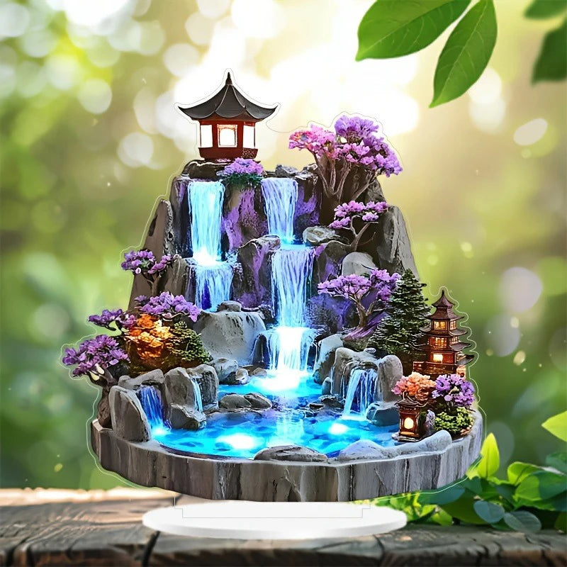 Rockery Water Fountain Ornaments 2D Flat Acrylic Ornament, Mountain Waterfall Desktop Decoration for Home Office Present